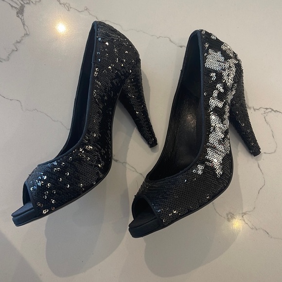 Zara women size 36 black and silver sequin heels open toe shoes fashion fancy - Picture 3 of 9